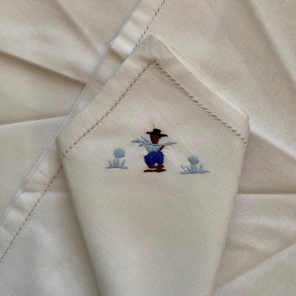 True Vintage Blue Embroidered White Hemstitched‎ Square Cloth Napkins UNUSED!